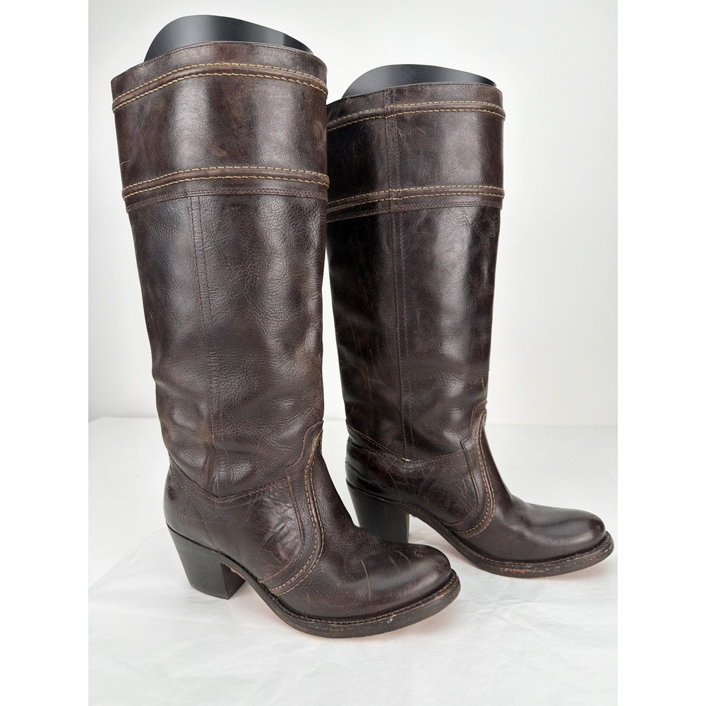 Frye Tall Riding Boots Womens 6 Brown Leather Block Heel Western Americana